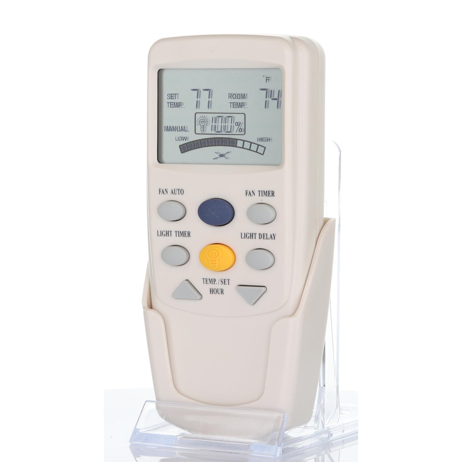 The ANDERIC FAN9T Timer Thermostatic Remote Control for Hampton Bay ceiling fans features a Fahrenheit digital display with buttons for fan speed, temperature adjustment, light control, and timer functions—all conveniently placed in a stand.