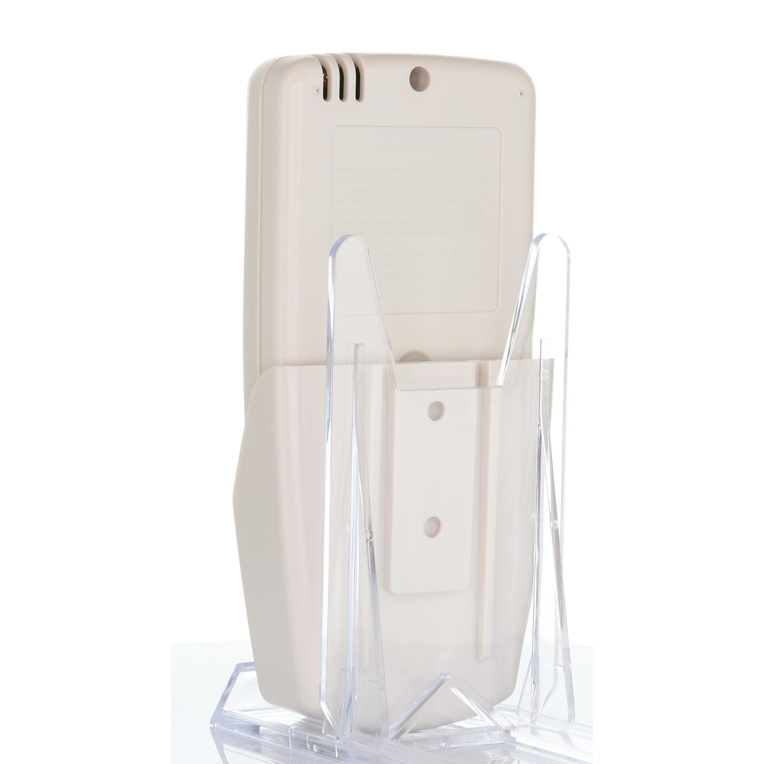 A beige ANDERIC FAN9T Timer Thermostatic remote for Hampton Bay Ceiling Fans is upright in a clear stand, featuring ventilation slots and a back panel.