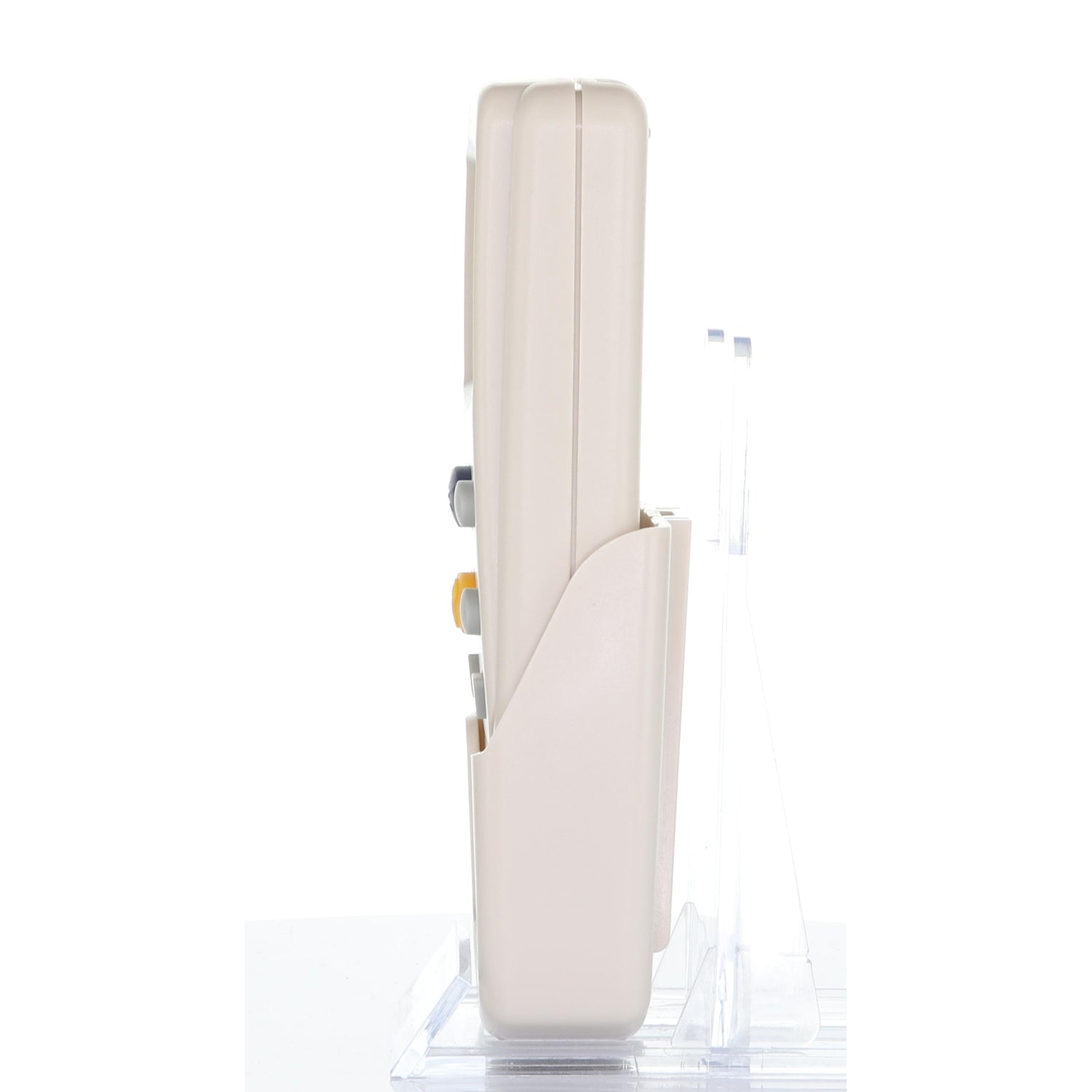Side view of the beige ANDERIC FAN9T Timer Thermostatic remote control in a clear stand highlights its buttons and ports, perfect for managing Hampton Bay ceiling fans.