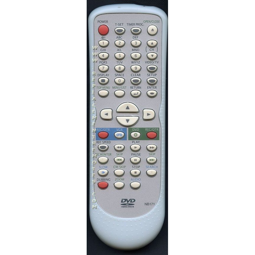 The Emerson NB171UD DVD / VCR Combo Recorder Remote Control is a white remote with buttons for numbers, playback, volume, channel, and menu functions. It is labeled NB171UD at the bottom.