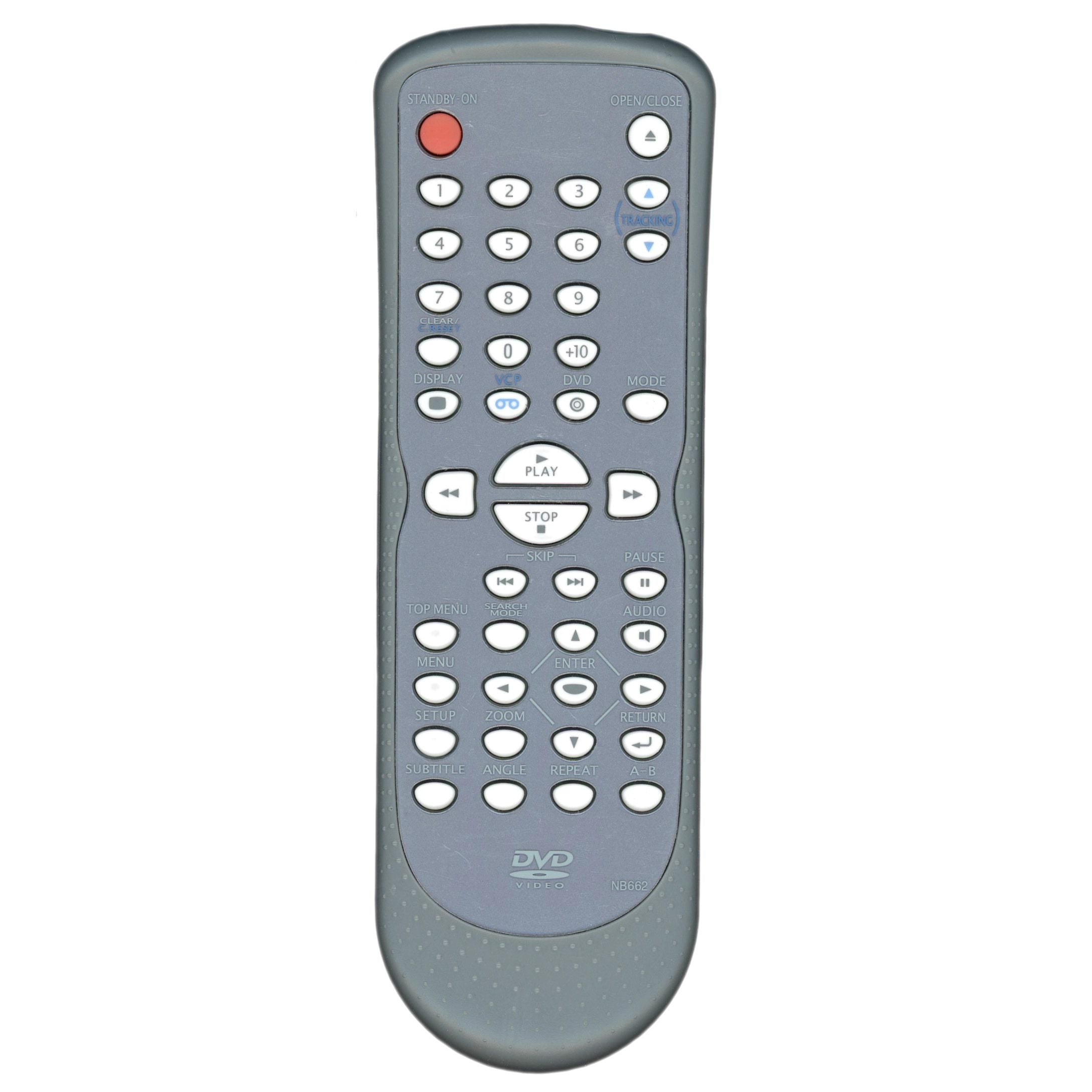 Gray Magnavox NB662 DVD/VCR Combo Player Remote Control (model NB662UD) featuring power, playback, navigation, number, and menu buttons, displayed on a white background.