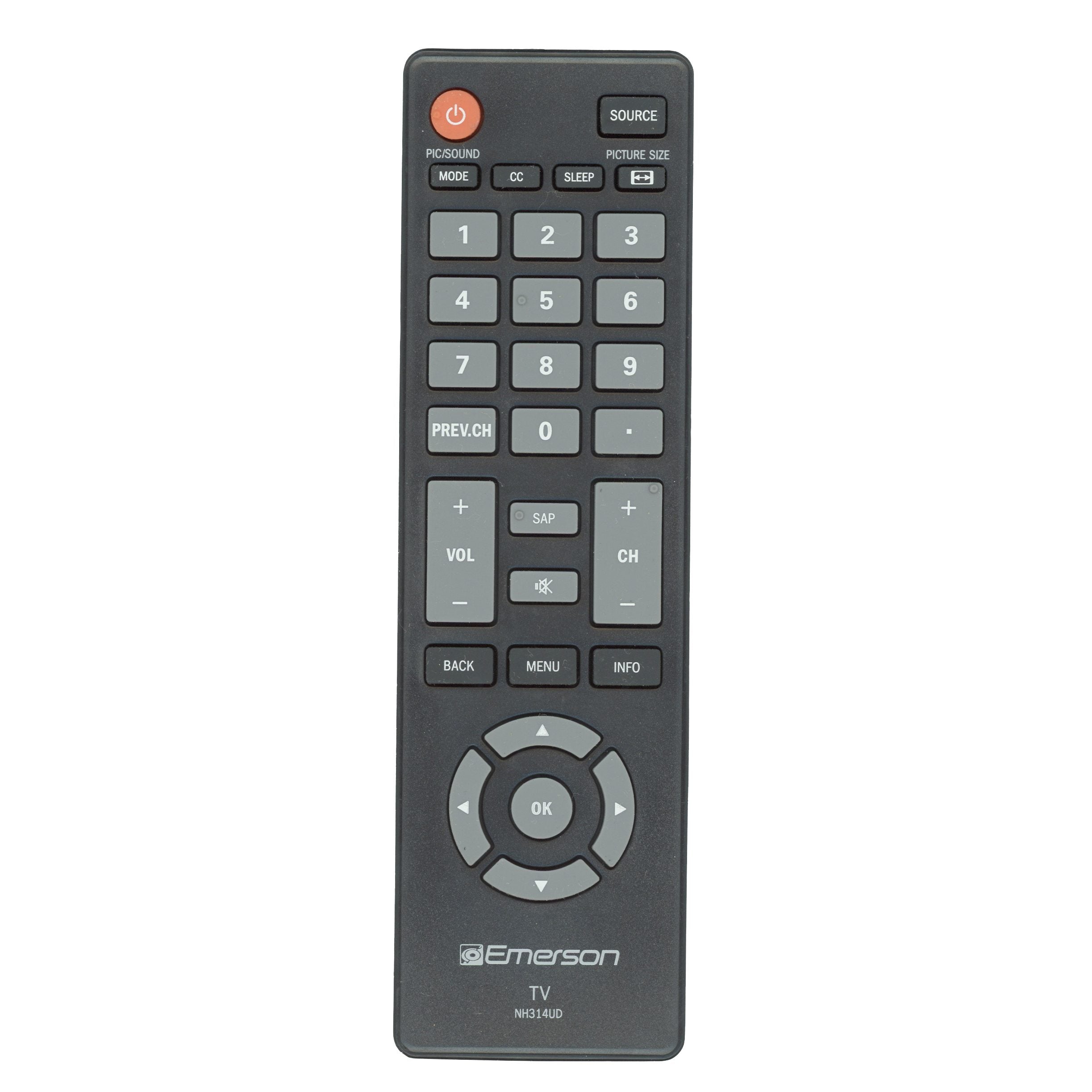 The Funai NH314UD TV remote control includes a numeric keypad, volume and channel controls, and intuitive navigation buttons.