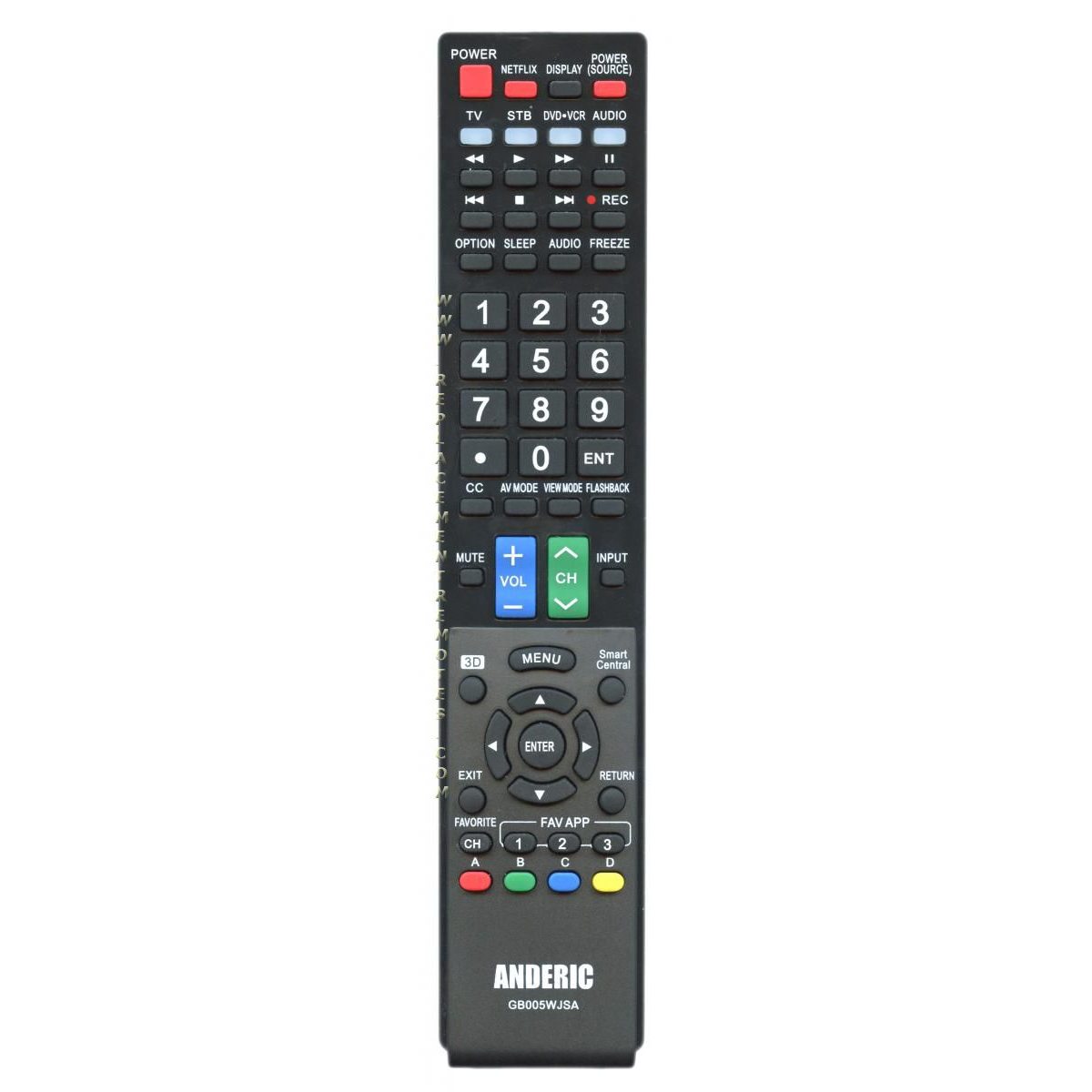 The Anderic GB005WJSA for Sharp TV Remote Control is a black universal remote with labeled buttons for TV, DVR, and audio functions. It includes pre-programmed volume, channel, playback controls, a numeric keypad, and color-coded buttons for seamless operation without programming.