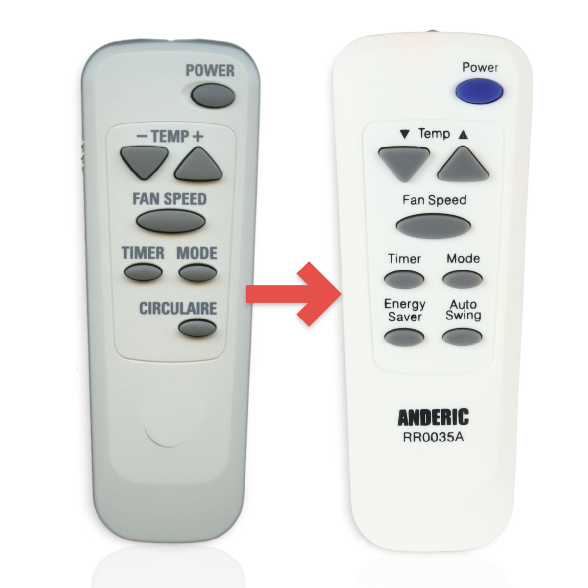 Anderic RR0035A replacement remote control for GE air conditioners showing original and new button layouts