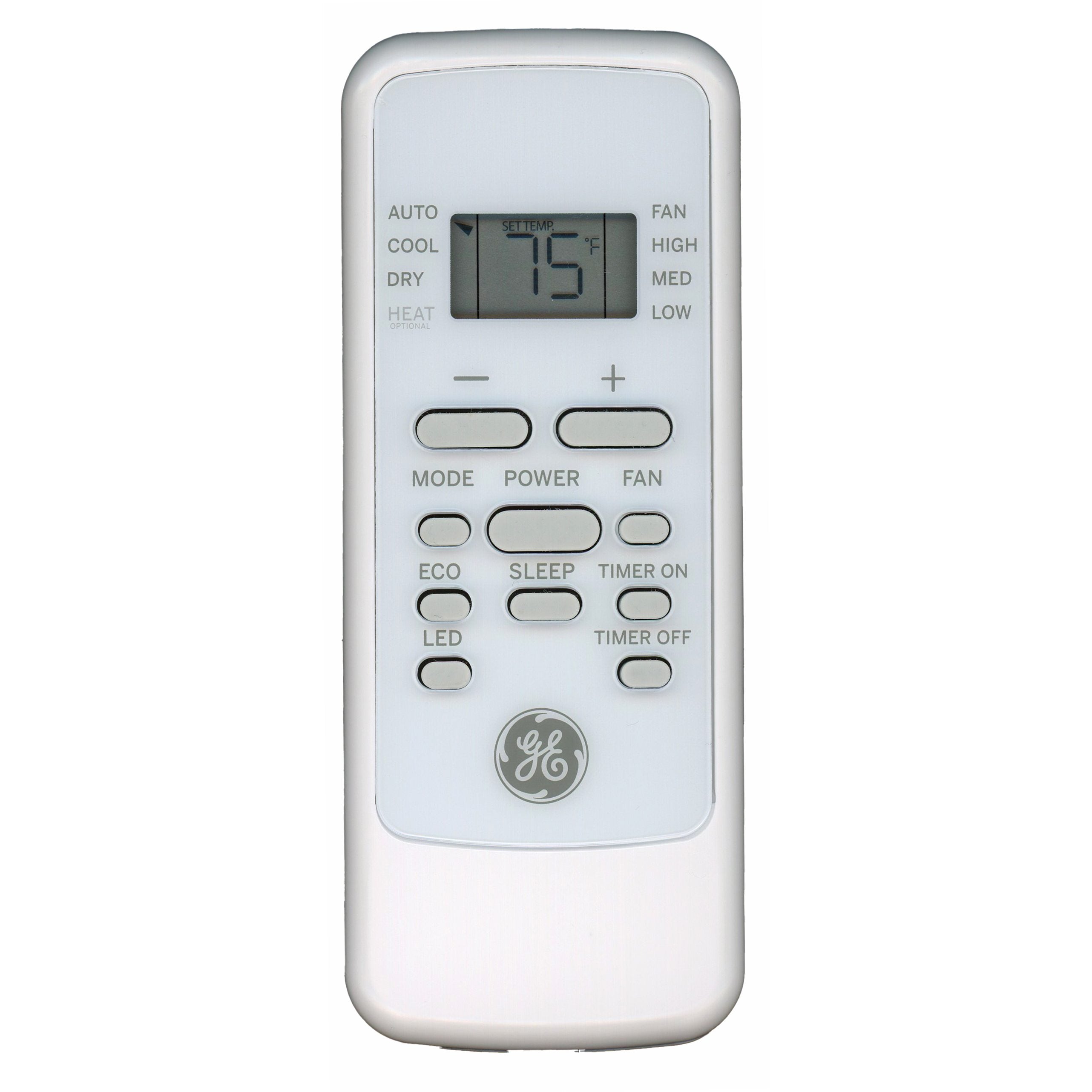 A GE General Electric RG51G41/EU1-G Window Air Conditioner Remote (model WJ26X33655) with a white body, digital display set to 75°F, plus buttons for mode, fan speed, temperature adjustment, and more.