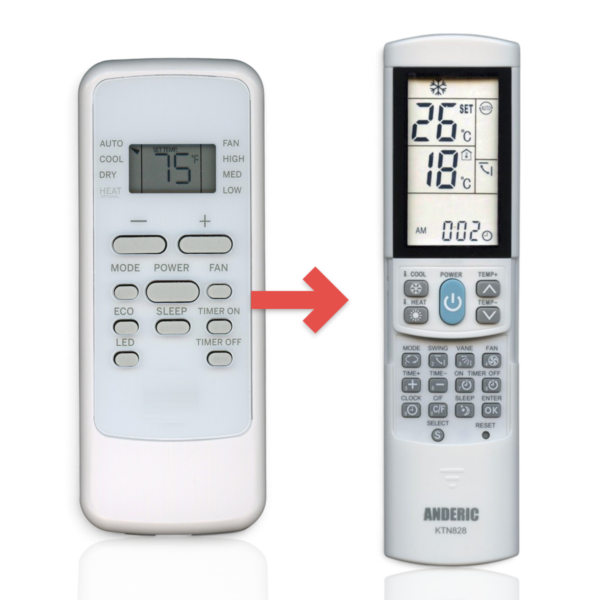 Anderic KTN828 universal air conditioner remote control showing a comparison with a standard GE remote model.