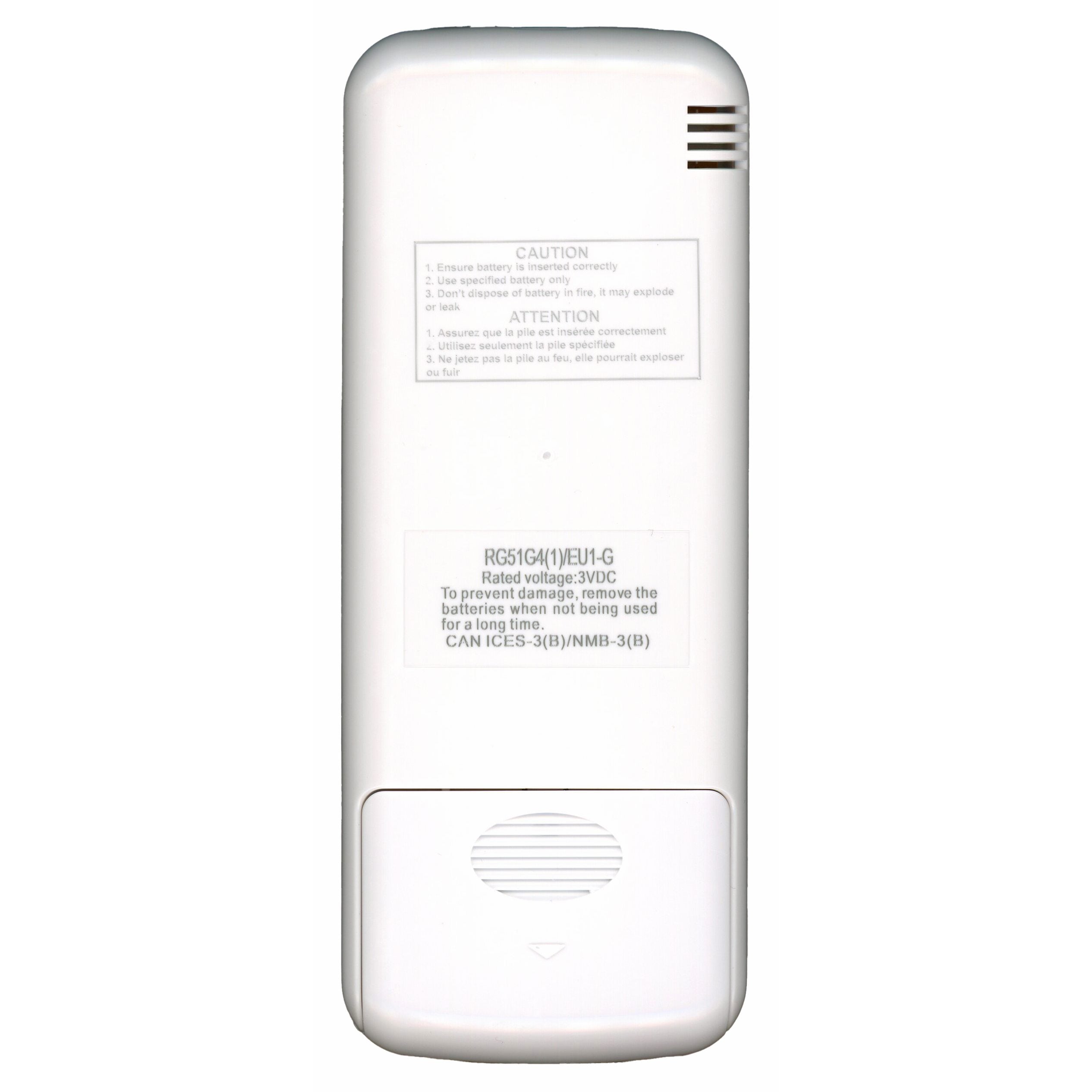 The back view of a GE General Electric RG51G41/EU1-G Window Air Conditioner Remote Control (WJ26X33655) shows caution labels, the model number RGS1041/VEU1-G, and a battery compartment cover.