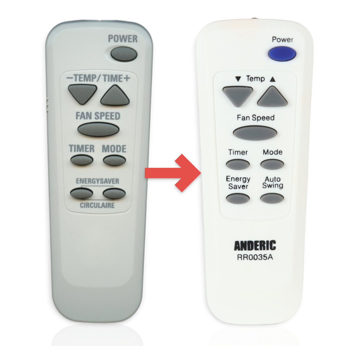 Anderic replacement remote control for GE air conditioners featuring grey buttons for power, temp, fan, and mode.