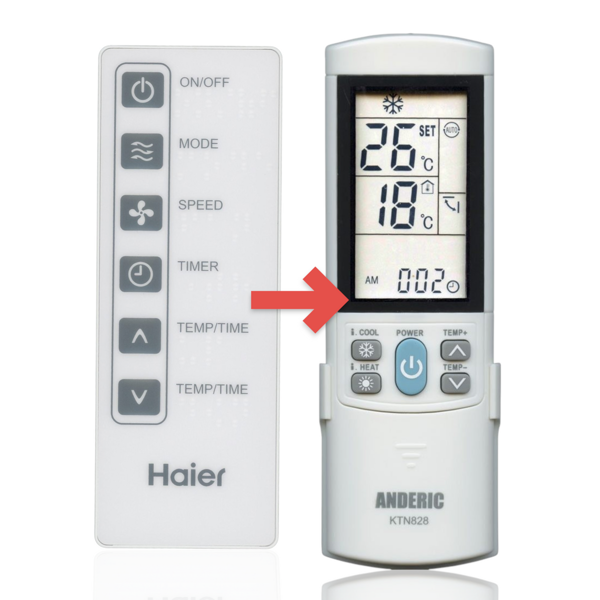 Anderic KTN828 white replacement remote control for GE air conditioner units with clearly labeled function buttons.