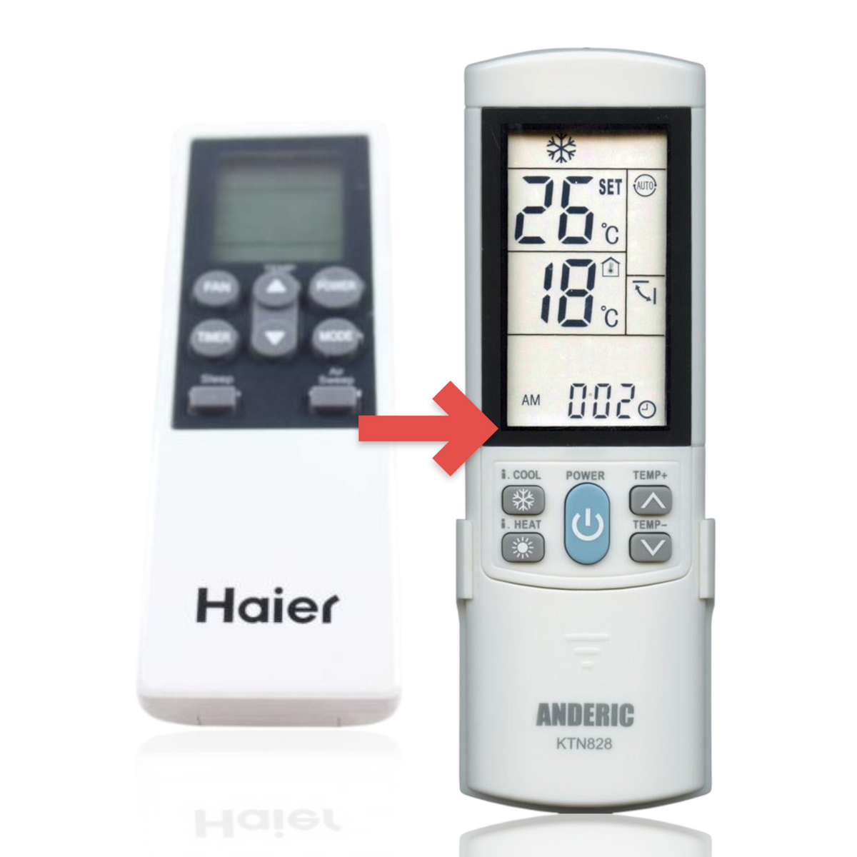 Anderic white universal air conditioner remote control with backlit LCD screen and black button interface