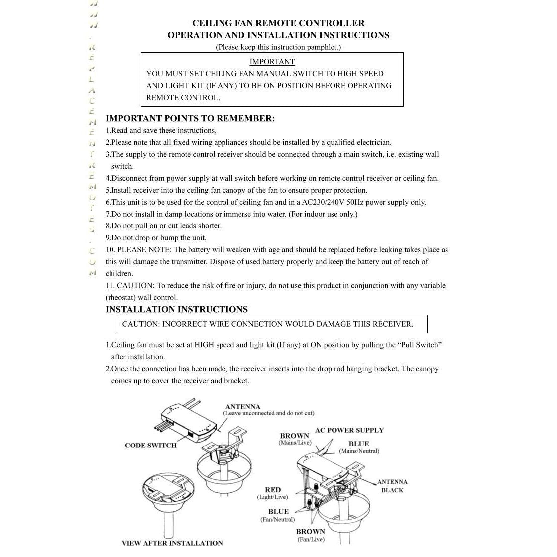 Control remoto genérico para ventilador de techo TR313A KUJCE10709