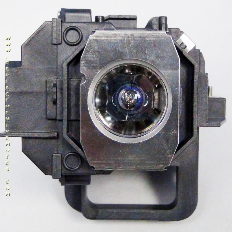 The Generic V13H010L49 projector lamp assembly, ideal for home cinemas, features a metallic housing with an Original OEM Epson bulb and includes a carrying handle at the bottom front.