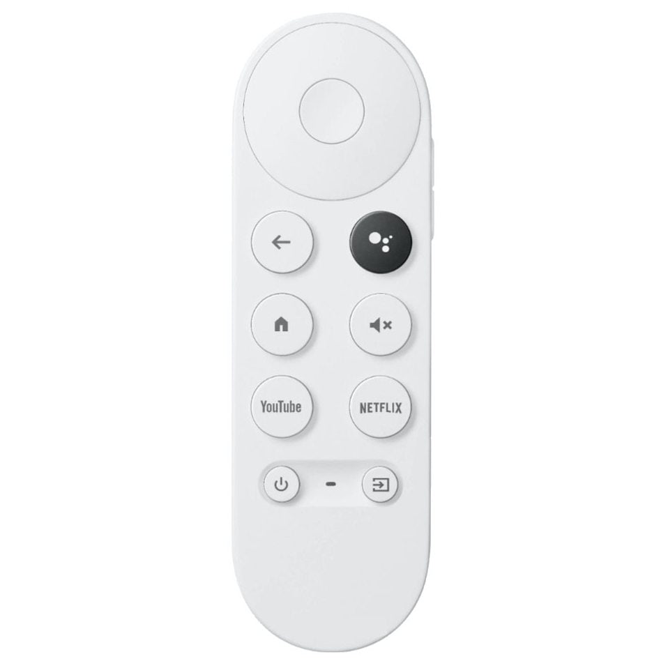 The Google Chromecast 4K Snow Streaming Remote Control, featuring a circular navigation pad and dedicated buttons for YouTube, Netflix, home, back, and power, seamlessly enhances your streaming experience as a replacement for the Google Snow Remote.