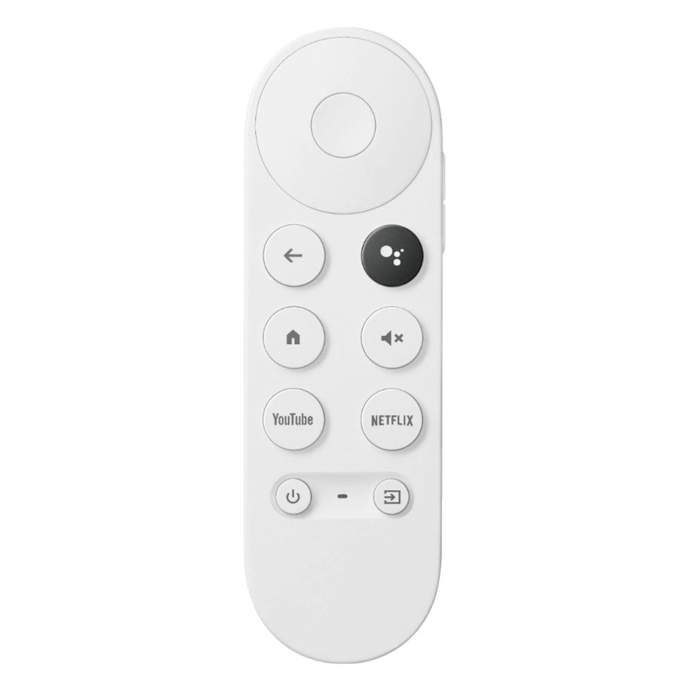The Google Chromecast 4K Snow Streaming Remote Control in white includes a circular navigation pad and buttons for YouTube, Netflix, and power, serving as a seamless replacement Google Snow Remote for the Chromecast.