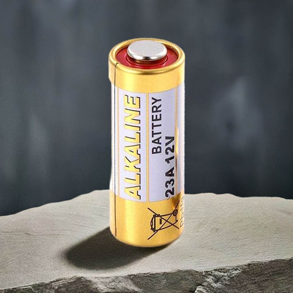 A 23a 12V Battery - include 1pc stands upright on a stone surface with a gray background, commonly used in remote controls.
