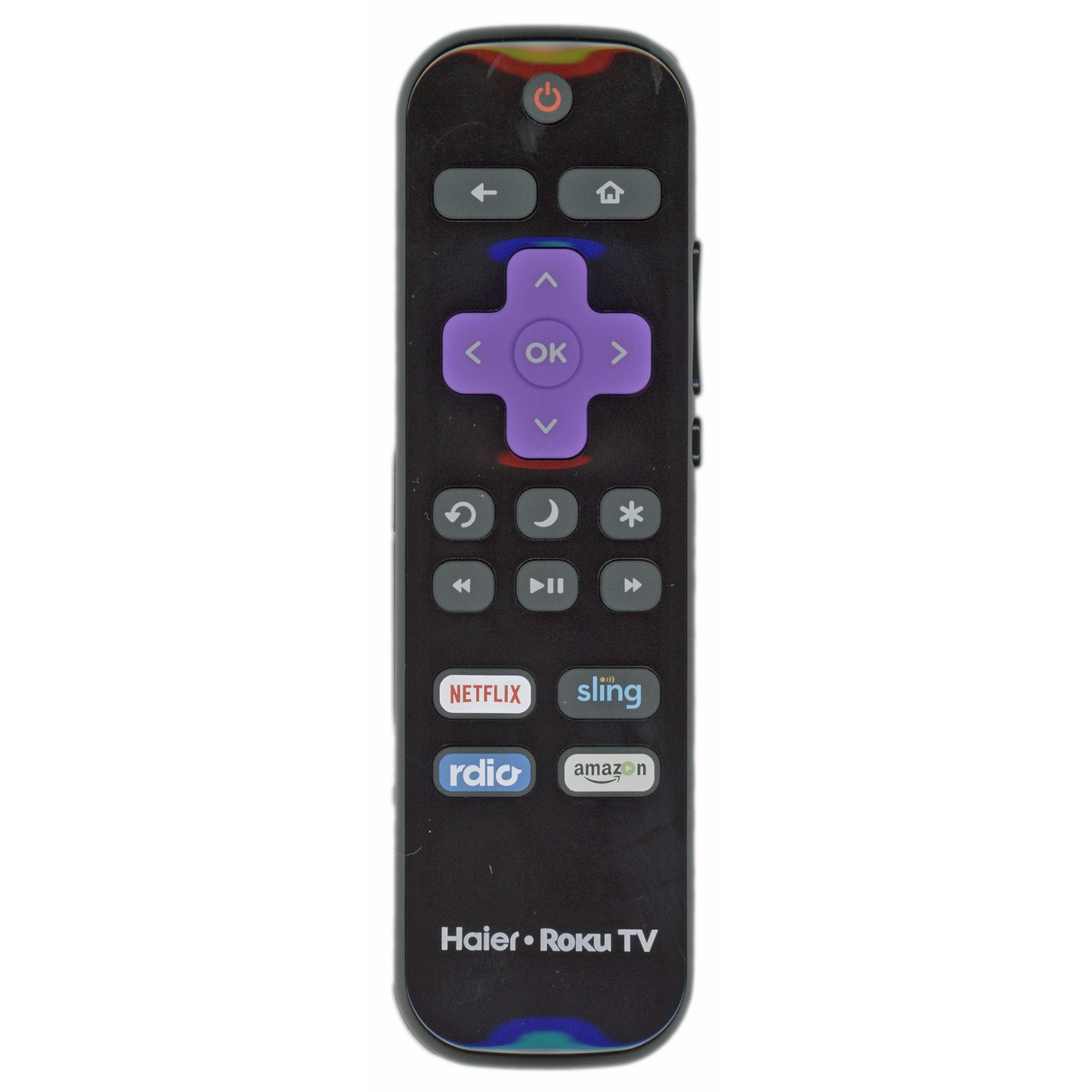 The Haier HTRR01 Roku TV Remote Control is a perfect replacement for the HTR-R01 101018C0005, featuring a directional pad, volume controls, and quick access buttons for Netflix, Sling, and Amazon.