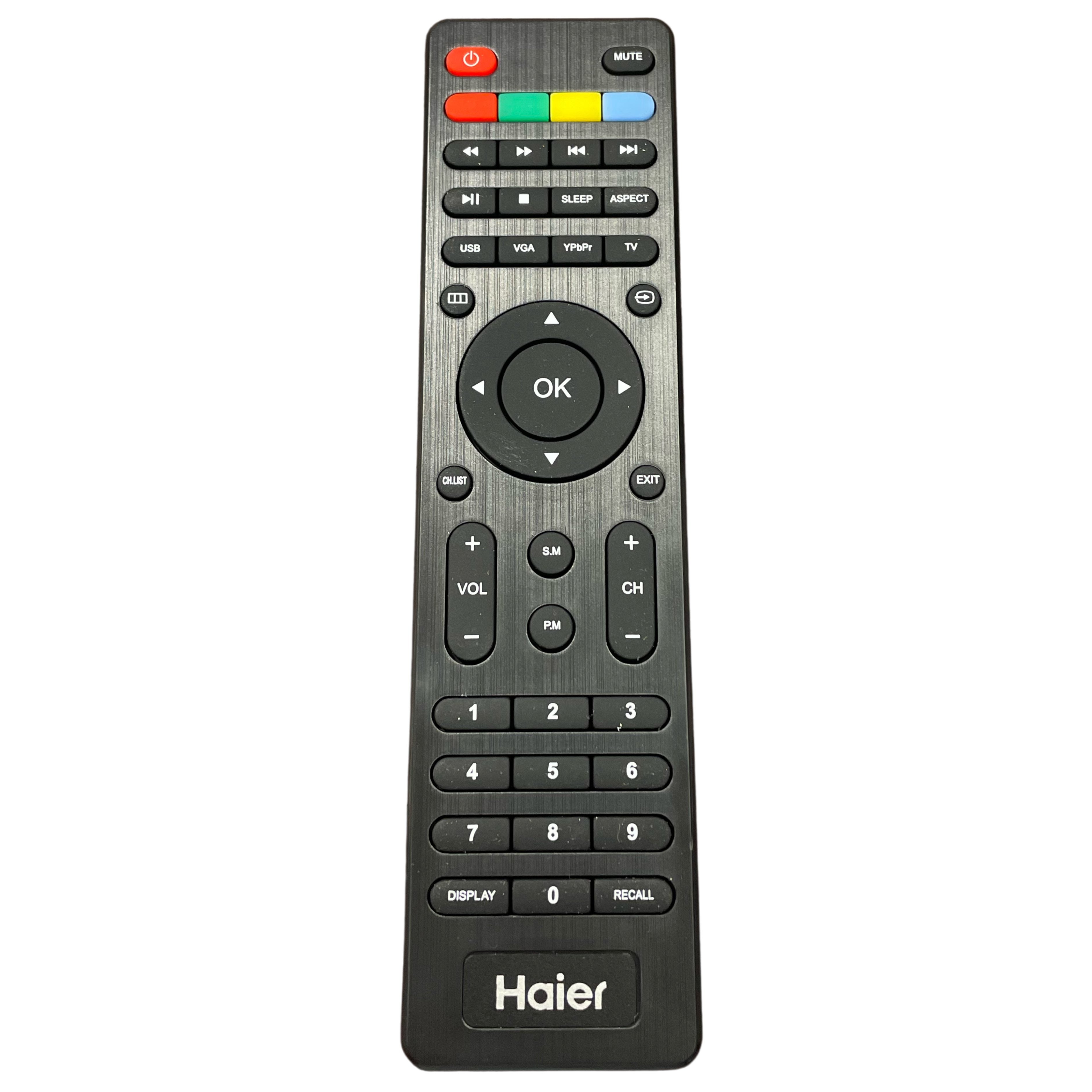 Haier brand TV remote control with numeric keypad and various function buttons.
