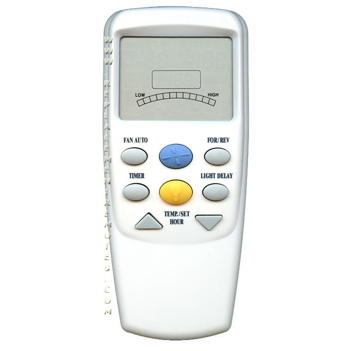 The Hampton Bay CHQ7096T Thermostatic with Reverse Ceiling Fan Remote Control features an LCD screen, labeled buttons for fan, timer, temperature, and light dimming functions in a sleek white handheld curved design.
