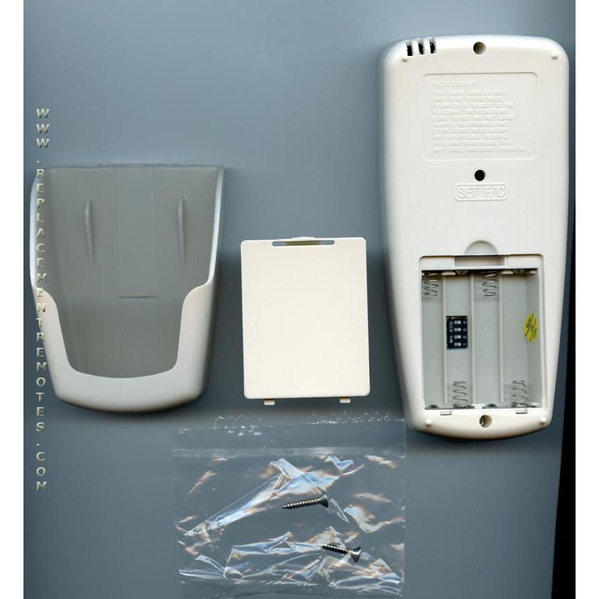 The Hampton Bay CHQ7096T Thermostatic with Reverse Ceiling Fan Remote Control, battery cover, wall mount bracket, and mounting hardware are shown on a flat surface.