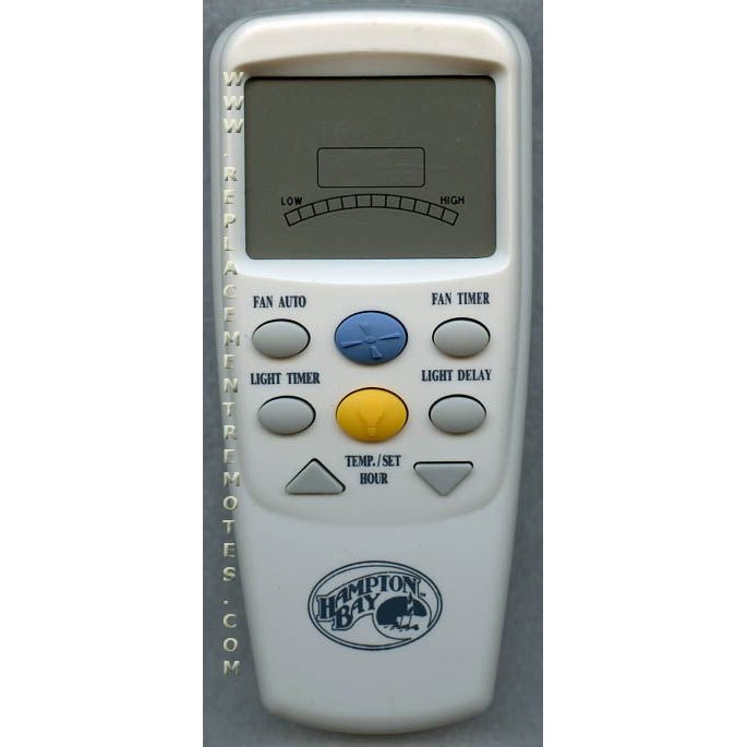The Hampton Bay CHQ7096T Thermostatic Ceiling Fan Remote Control features an LCD screen, gray fan and light setting buttons, a yellow thermostatic/hour button, timer functions, and the Hampton Bay logo at the bottom.