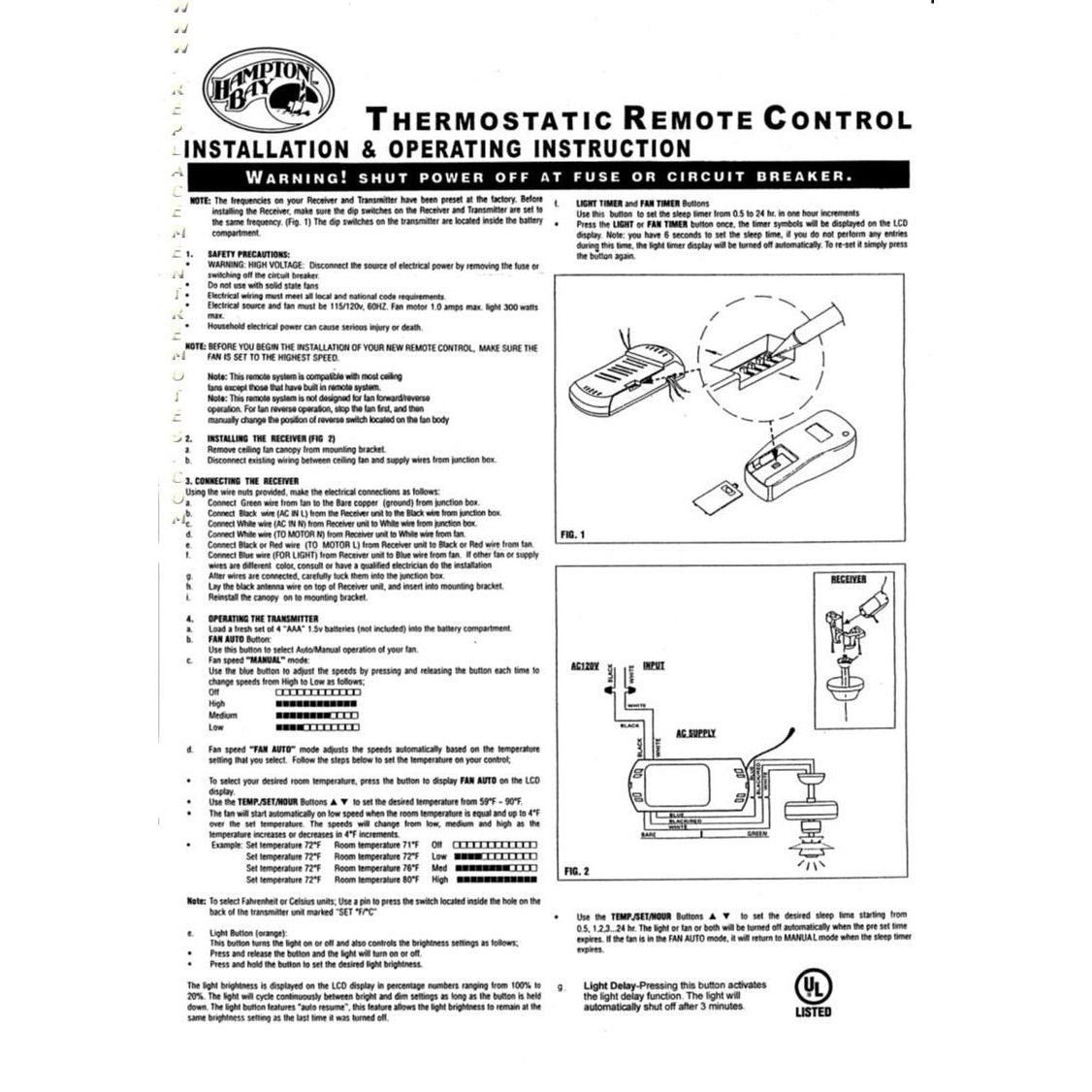 Instruction sheet for the Hampton Bay CHQ7096T Thermostatic with Fan Timer Ceiling Fan Remote Control, including installation and operation guides, remote and receiver diagrams, plus safety warnings.