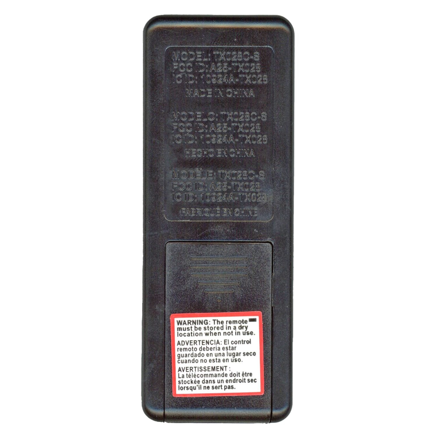 The back of the Hampton Bay TX028C-S Ceiling Fan Remote Control, designed for Ashby Park fans, displays model and FCC details plus a battery warning. Suitable for indoor and outdoor use, it provides seamless control over color-changing LED features.