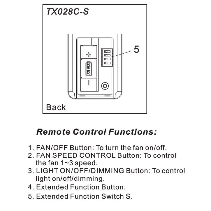 Diagram of Hampton Bay TX028C-S Ceiling Fan Remote Control featuring buttons: 1. Fan/Off, 2. Fan speed control, 3. Light on/off/dimming with color-changing LED, 4. Extended function, and 5. S switch for seamless indoor/outdoor use.