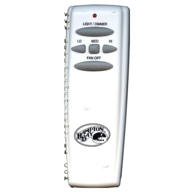 The Hampton Bay UC7078T FAN-HD CHQ7078T Ceiling Fan Remote Control is white, features light/dimmer, three fan speeds, a fan off button, and is compatible with Anderic receivers.