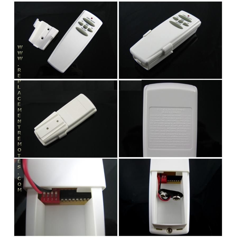 A Hampton Bay UC7078T FAN-HD CHQ7078T ceiling fan remote control is displayed from various angles, with detailed close-ups highlighting the battery compartment and circuit board connections.