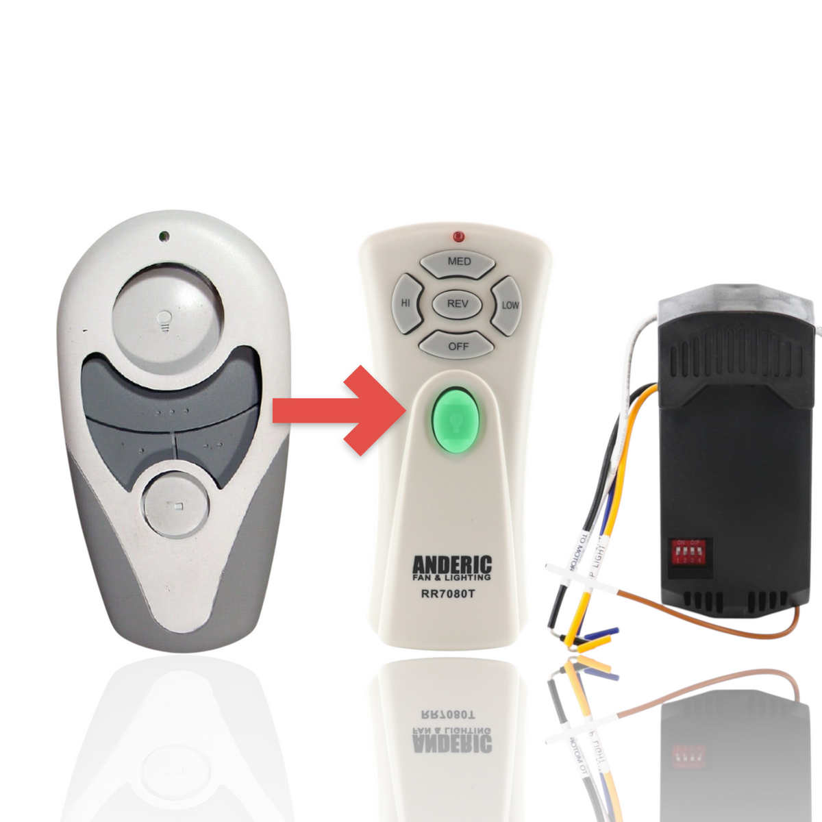 Anderic ceiling fan remote control in grey and white, designed as a replacement for Hampton Bay Windward III fans.