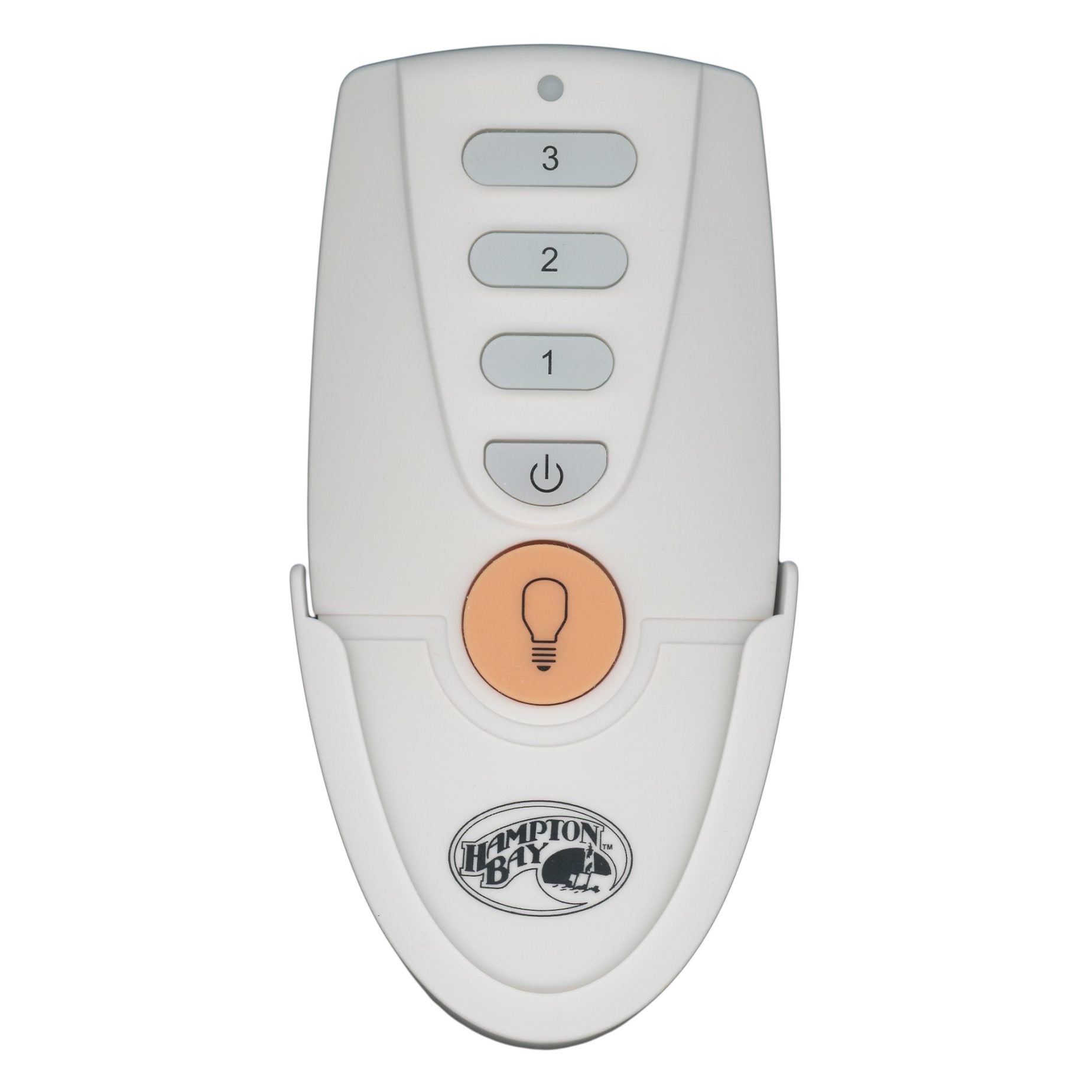 A white Hampton Bay ceiling fan remote control with buttons for fan speed adjustments and lighting control.