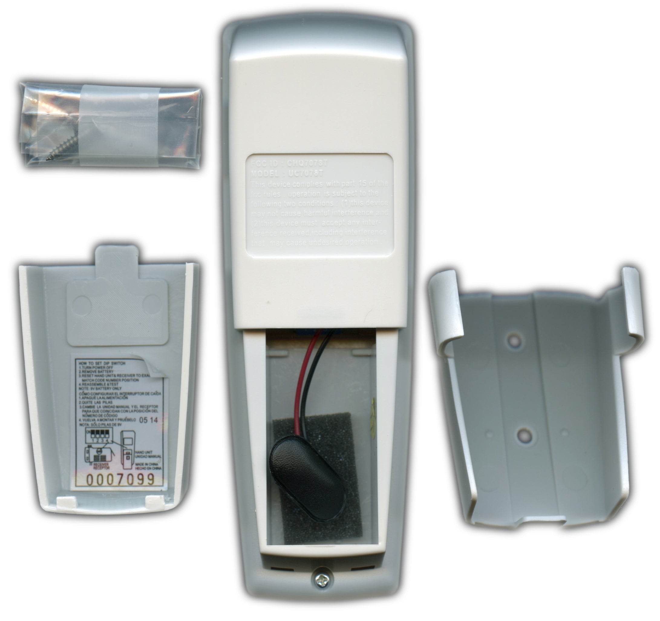 A disassembled electronic device with front and back panels, circuit board, and small parts is arranged on a white background. These include components of an Anderic FAN2R/RR7078TR remote control kit for Hampton Bay/Hunter ceiling fans featuring the FAN2R receiver.