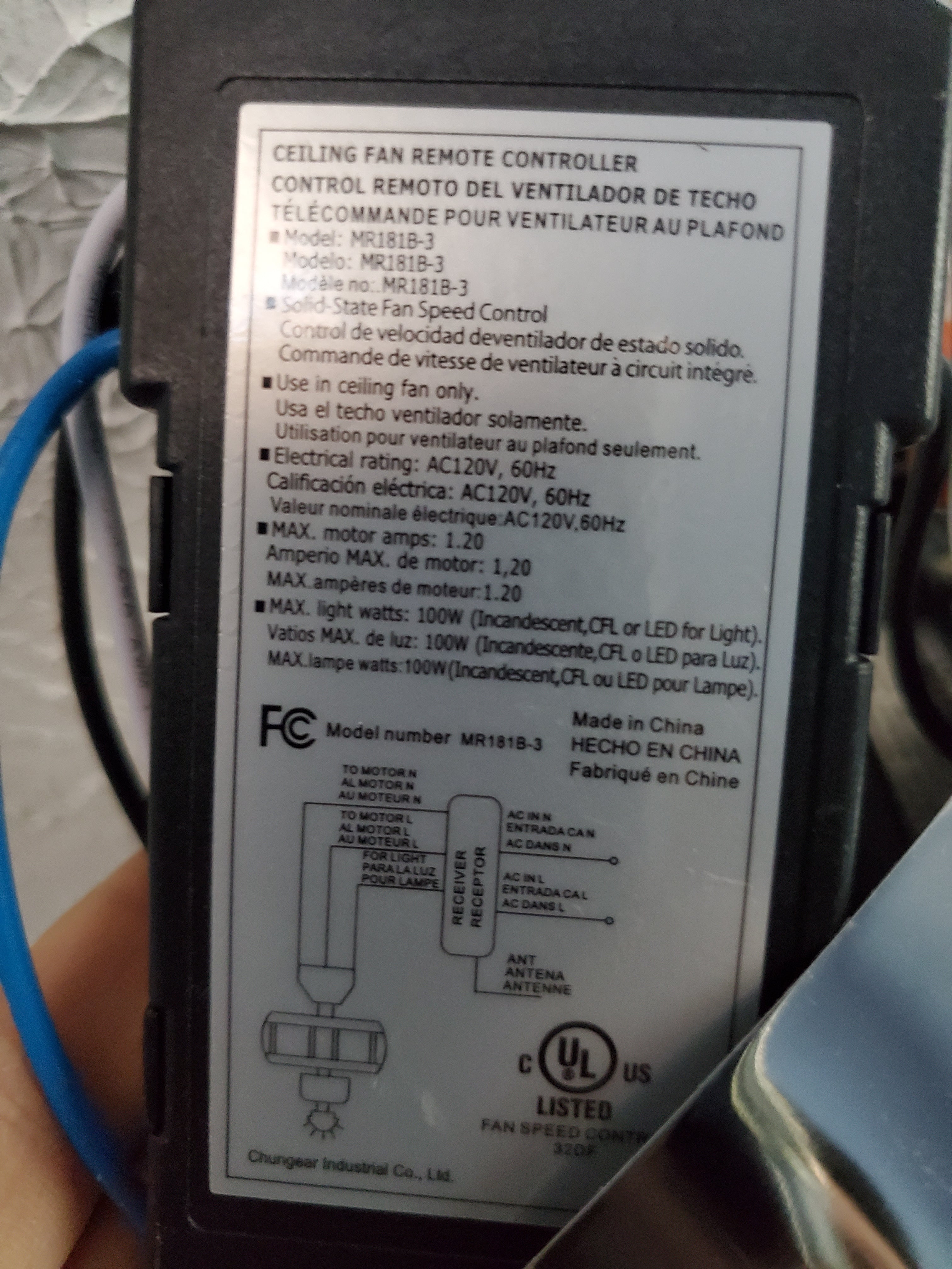 Récepteur pour ventilateur de plafond Hampton Bay MR181B-3