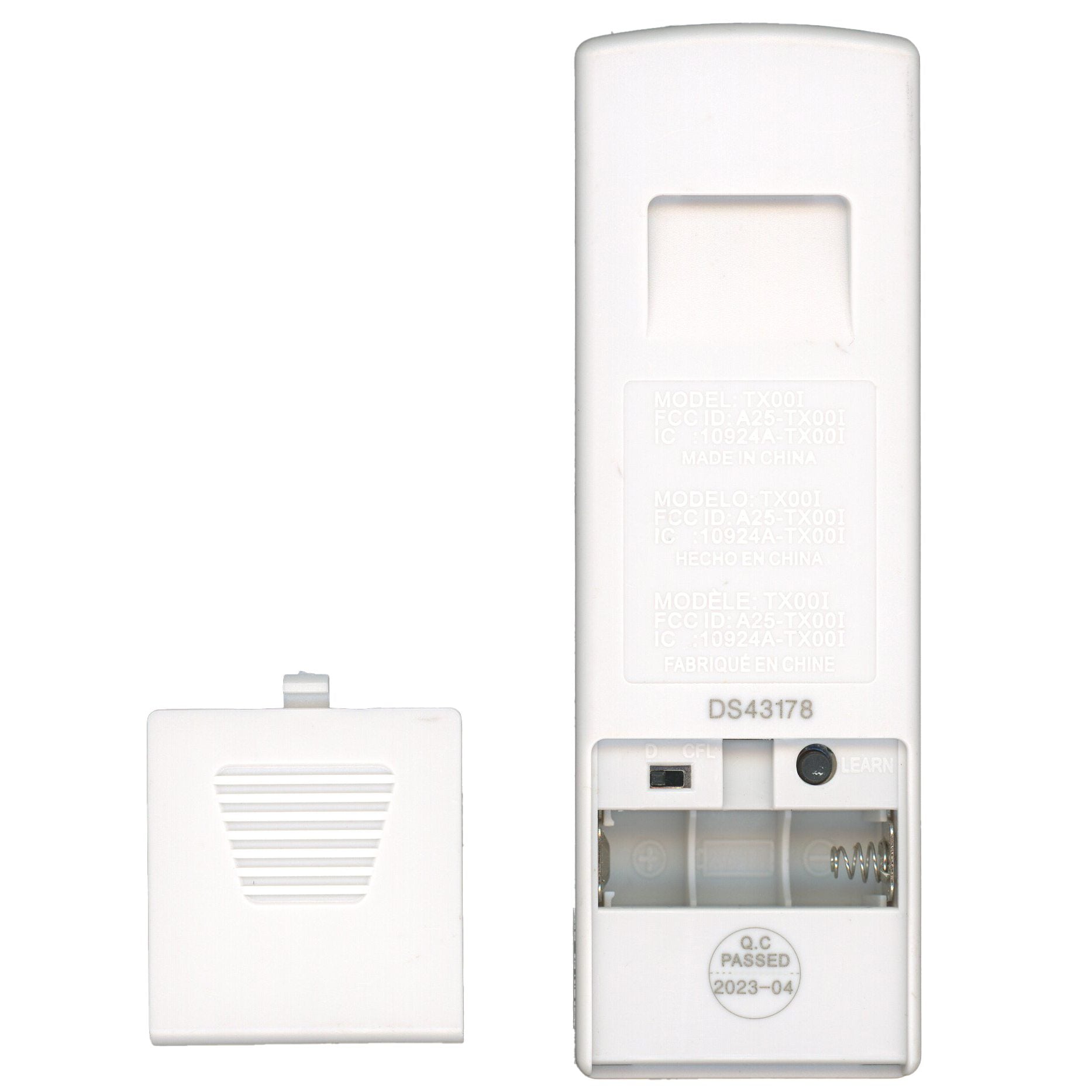 A disassembled white Harbor Breeze A25TX00I ceiling fan remote control reveals the battery compartment and separate cover. The remote’s surface displays various model and regulatory details, including Anderic RRTX00I.