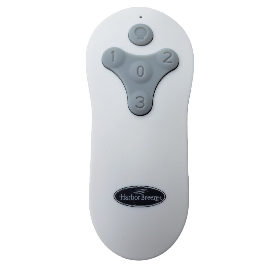 The Harbor Breeze FA0138 Ceiling Fan Remote Control for the Mazon 44in fan features three gray buttons (0, 1, and 2) and a central bulb icon button for easy light control. Model MZ44BNK3LR provides seamless and stylish functionality.