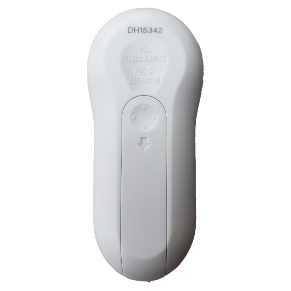 The Harbor Breeze FA0138 Ceiling Fan Remote Control is a white handheld device, featuring embossed text at the top and a downward arrow symbol on the lower half, ideal for controlling your Mazon 44in ceiling fan model MZ44BNK3LR.