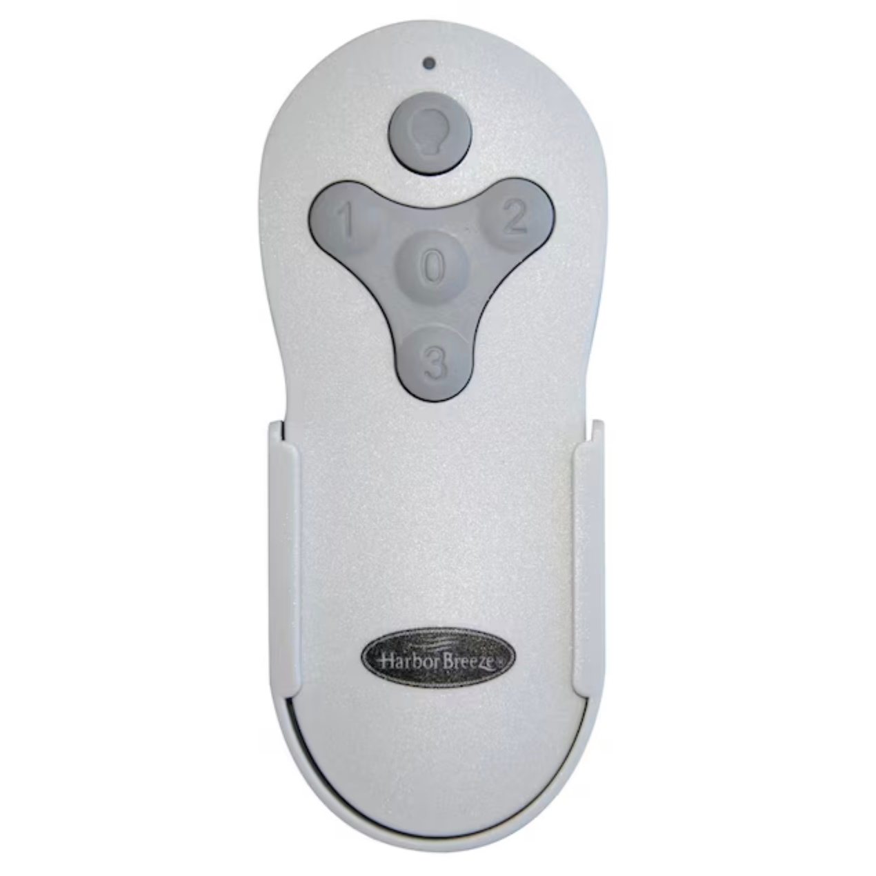 The Harbor Breeze KUJCE10311 Beach Creek Ceiling Fan Remote is a white, oval device with three gray buttons labeled 0, 1, and 2. A small logo adorns the bottom. It resembles the Anderic RRTR214D model known for its compatibility and user-friendly design.