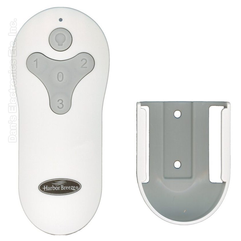 The Harbor Breeze TR214D Ceiling Fan Remote Control, with its logo, sits in a gray wall-mounted cradle. It has a sleek design featuring three buttons labeled 0, 1, and 2 for easy use.