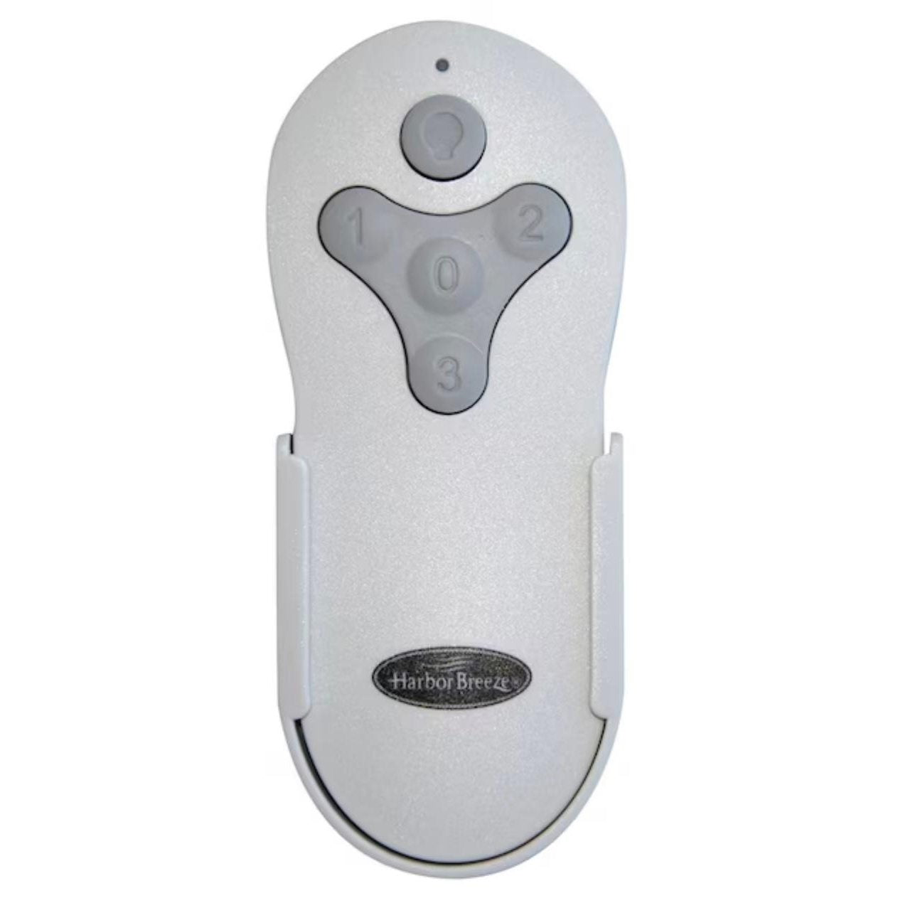The Harbor Breeze TR214D Ceiling Fan Remote Control, in white, has buttons labeled 0-3 and a top light button. It's elegantly housed in a wall-mounted holder with the Harbor Breeze logo at the base.