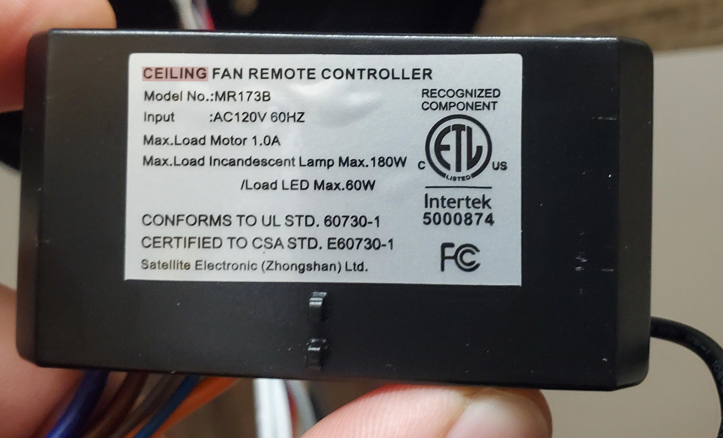 Récepteur pour ventilateur de plafond Harbor Breeze MR178B