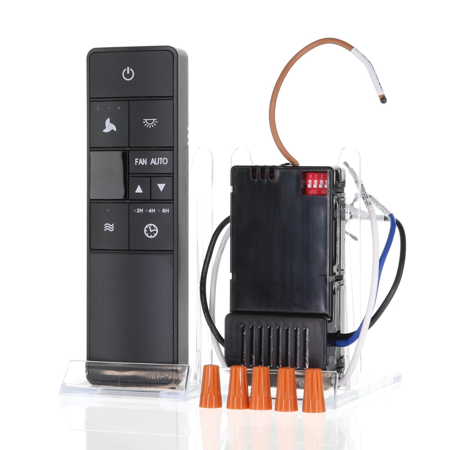 The Anderic HD3 Thermostatic Conversion Kit, featuring a universal 3-speed ceiling fan remote and electrical unit with exposed wires and orange connectors, is shown against a plain background. Compatible with various light bulbs.