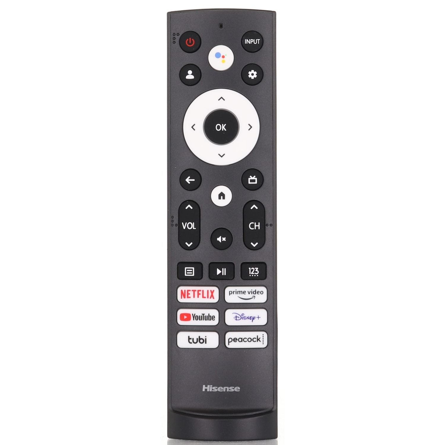 The Hisense ERF3M90H / ERF3AF90H Voice TV Remote Control features power, volume, channel, navigation buttons, and shortcuts for Netflix, Prime Video, YouTube, Disney+, Tubi, and Peacock. Model: 299843.