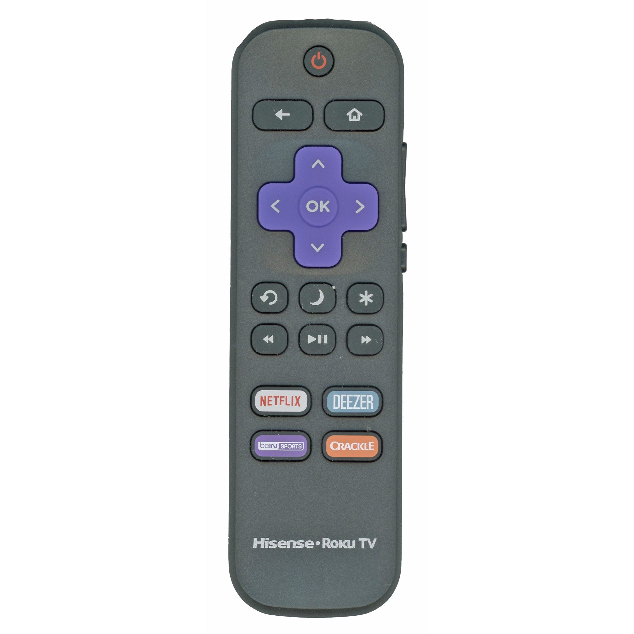The Hisense HURCRCA20 2019 Roku TV Remote includes unique purple navigation buttons and branded shortcuts for Netflix, Deezer, Bein Sports, and Crackle.