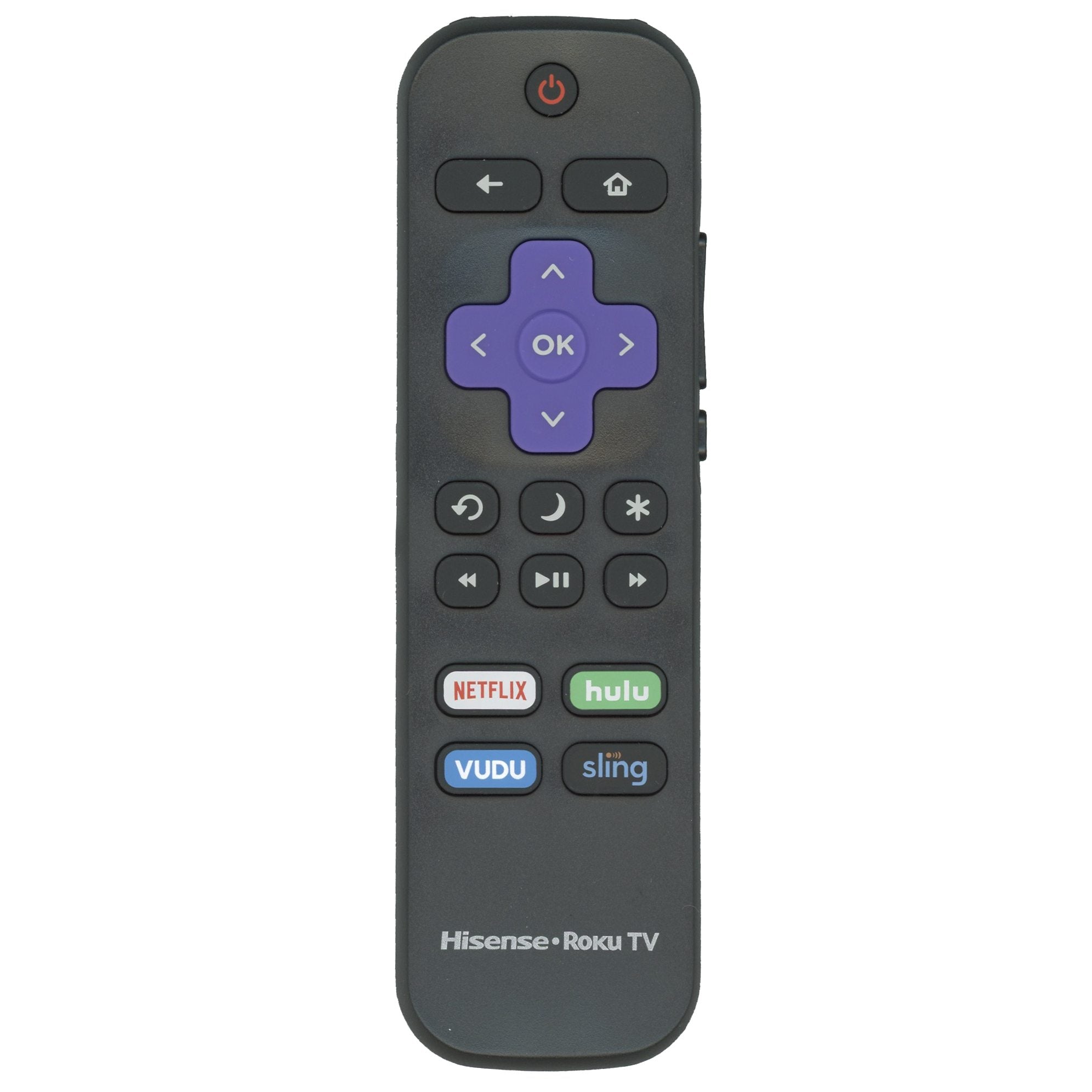 The Hisense HURCRUS20G Roku TV Remote Control (243959) is compatible with models 32H4030F to 75R6E1 and features a purple directional pad, top-positioned power button, and dedicated buttons for Netflix, Hulu, Vudu, and Sling.