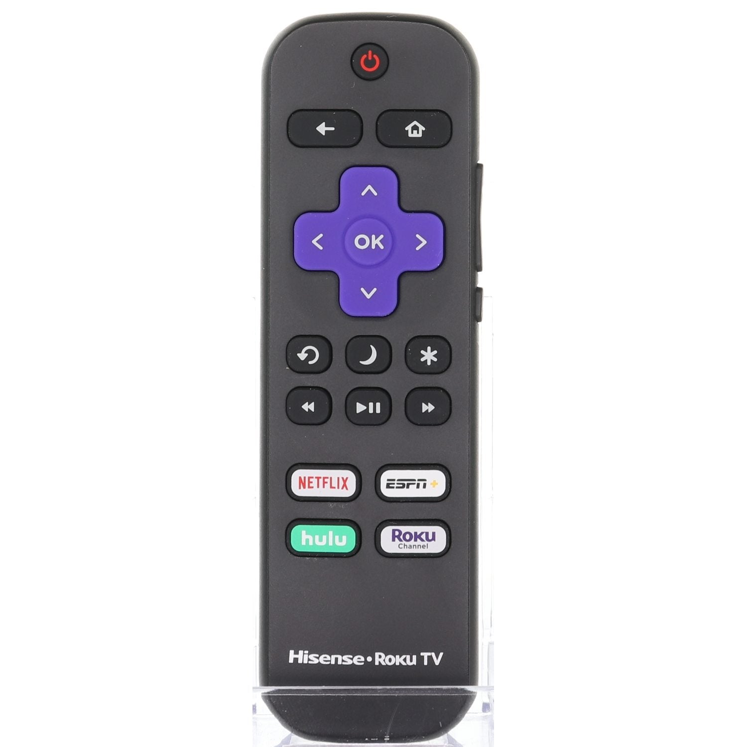 The Hisense HURCRUS21 2021 Roku TV Remote Control offers power, navigation, and playback buttons with dedicated Netflix, ESPN, Hulu, and Roku Channel buttons for seamless control and an enhanced streaming experience.