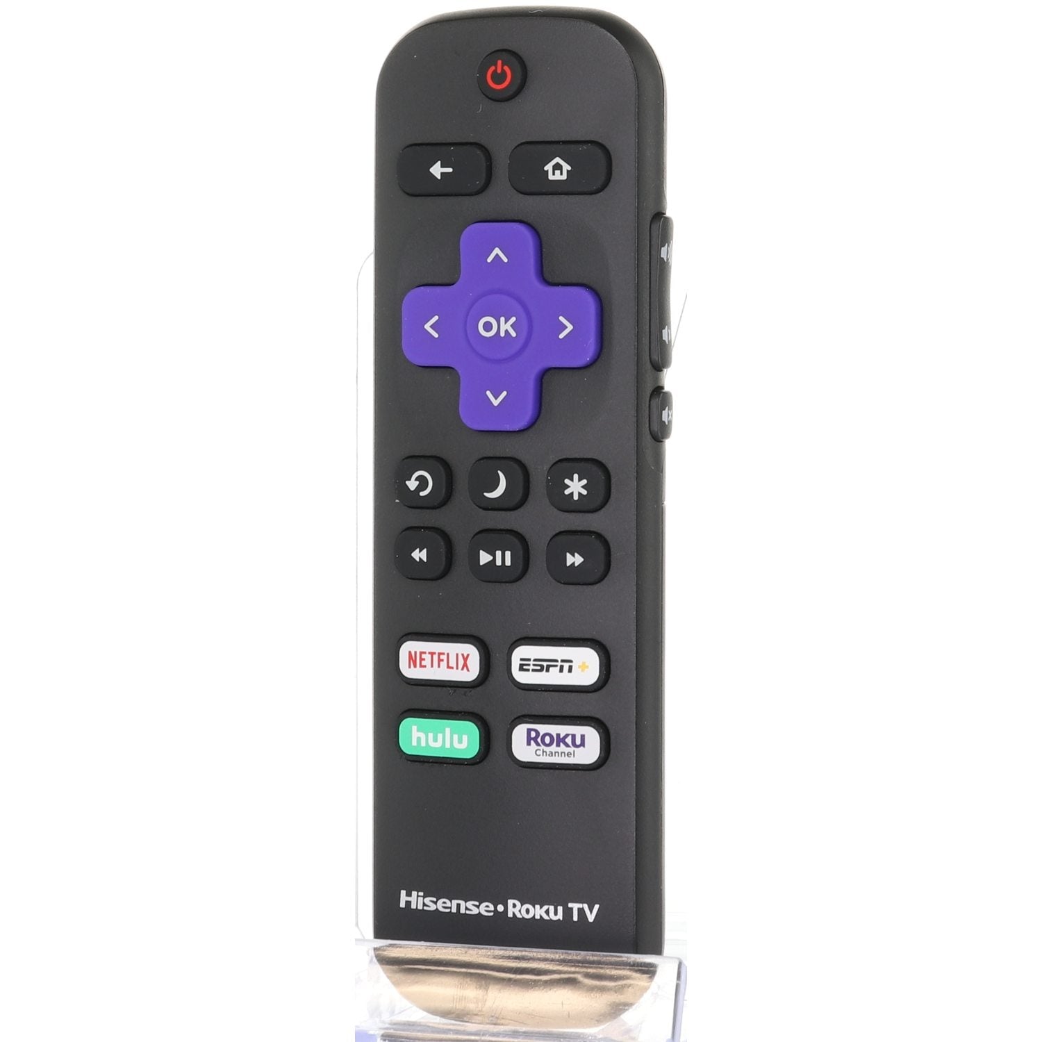 The Black Hisense HURCRUS21 2021 Roku TV Remote Control features a purple directional pad, power button, and quick-access buttons for Netflix, Disney+, ESPN+, Hulu, and Roku. It operates with IR CODE 6122A for seamless entertainment control.