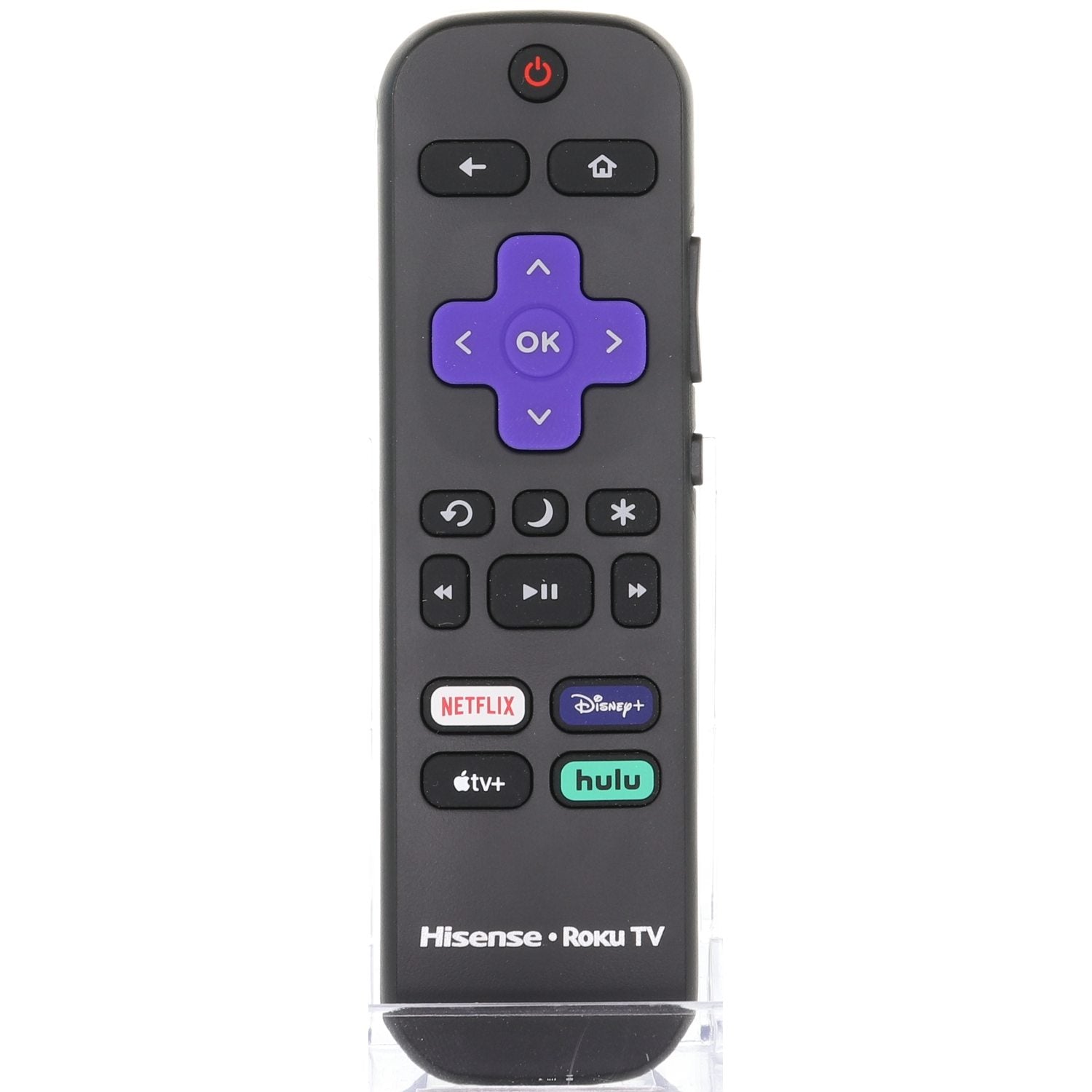 The Hisense RCAFIR 2022 Roku TV Remote Control, model HURCRUS23v2, features streaming shortcuts for Netflix, Disney+, Apple TV, and Hulu along with a unique purple directional pad for seamless navigation.