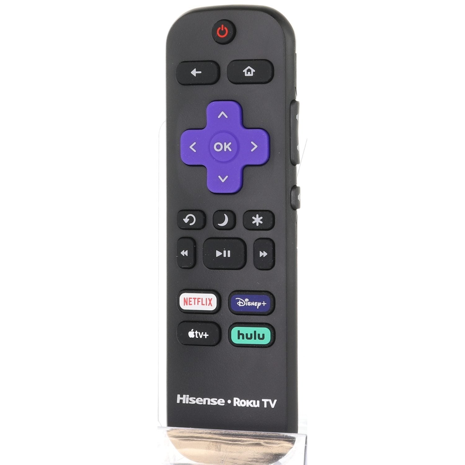 The Hisense RCAFIR 2022 ROKU TV Remote Control - HURCRUS23v2 includes power, volume, and navigation buttons, plus streaming shortcuts for Netflix, Disney+, Hulu, and Apple TV+.