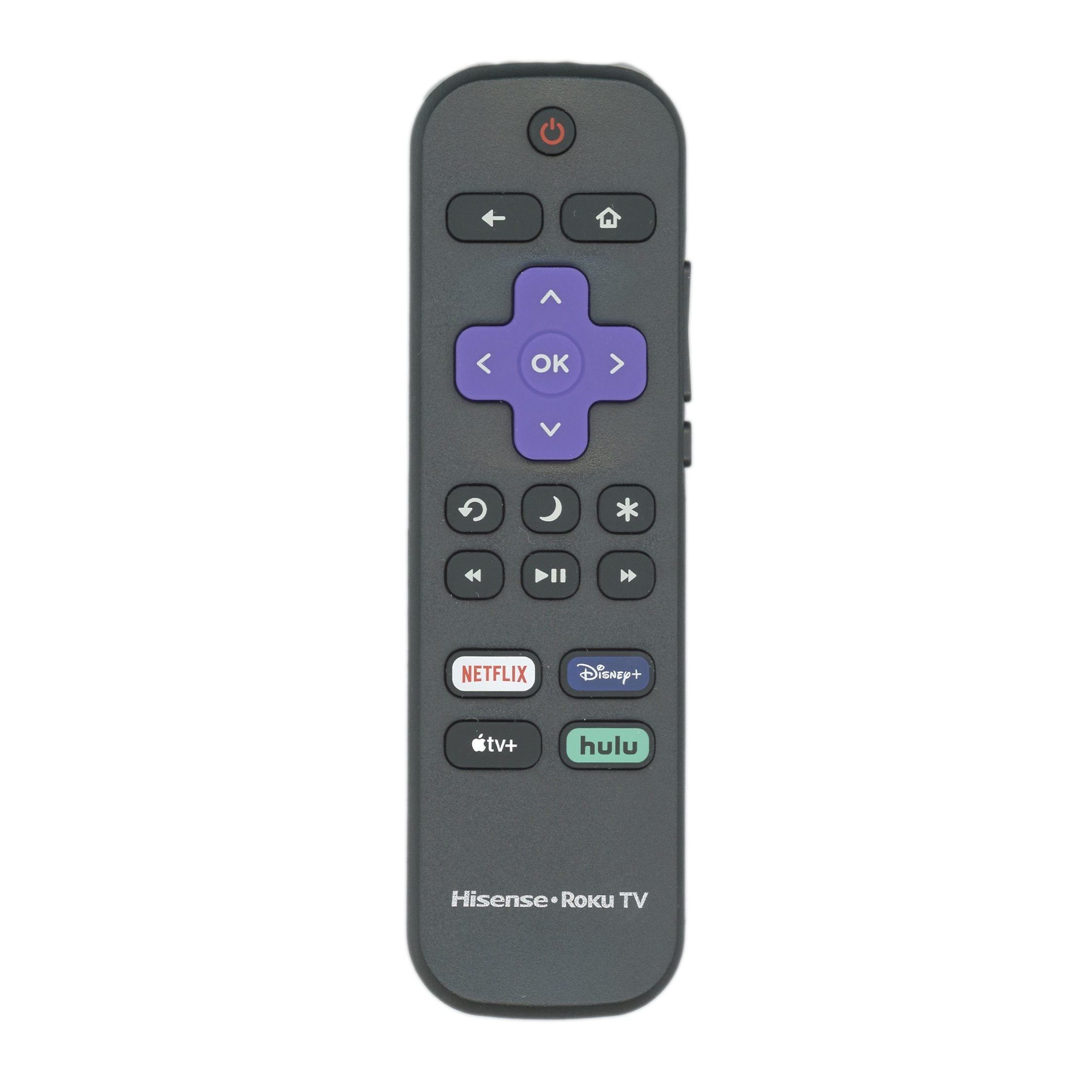 The Hisense RCALIR 2022 ROKU TV Remote Control - HURCRUS23 for 2022 models features a directional pad, power button, and shortcuts to Netflix, Disney+, Apple TV+, and Hulu.