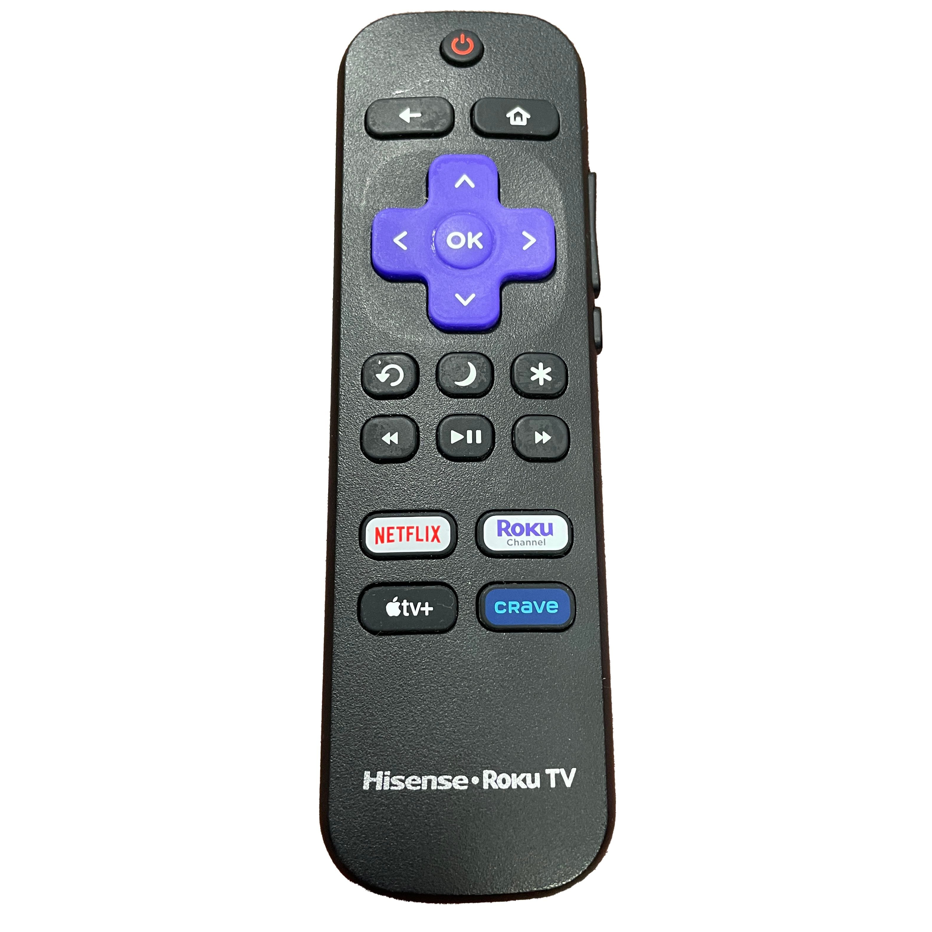 The Hisense RCALIR ROKU TV Remote Control - HURCRCA23 offers intuitive navigation, playback controls, and dedicated buttons for quick access to Netflix, Roku, Apple TV+, and Crave.